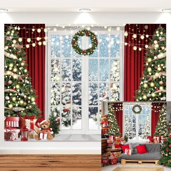 7x5FT Christmas Backdrop Christmas Window Backdrop Winter Snow Xmas Tree Happy New Year Background for Photography Family Party Decoration Supplies