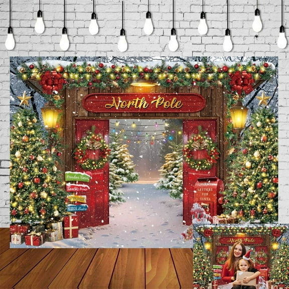 7x5FT Christmas Backdrop for Photography Winter Forest Xmas Tree North Pole Snowy Wooden Barn Door Background Family Holiday Party Decor Photo Props for Family Party