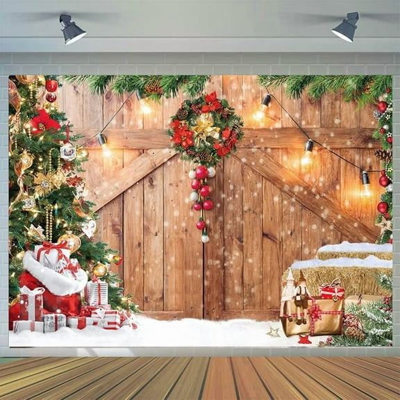 7x5FT Christmas Barn Wood Door Photography Backdrop Xmas Tree Snow Gift Wall Floor Party Photo Background for Holiday New Year Party Banner Family Holiday Party Supplies D554