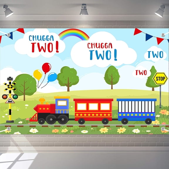 7x5FT Chugga Chugga Two Two Birthday Backdrop Train Themed 2nd Birthday Background Clouds Plane Second Birthday Party Decorations Banner Supplies Photo Booth Props