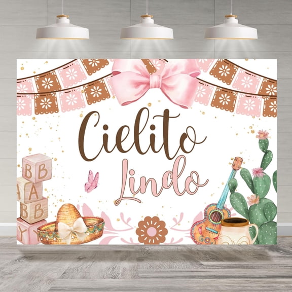 7x5FT Cie-lito Lin-do Baby Shower Backdrop for Girls Pink Bowknot Cactus Photography Background Baby Shower Mexican Wedding Party Decorations Banner Photo Booth Props