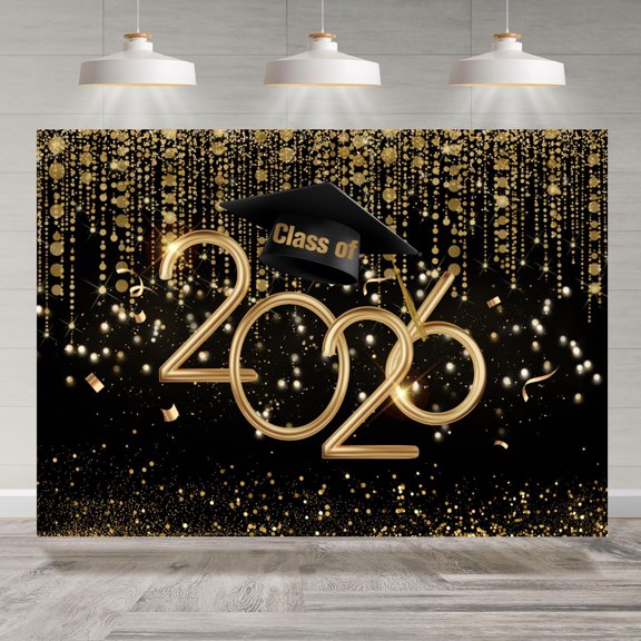 7x5FT Class of 2026 Graduation Backdrop Black Golden Glitter Congratulations Graduation Photography Background Congrats Grad Prom 2026 Party Decorations Banner Supplies Photo Booth Props