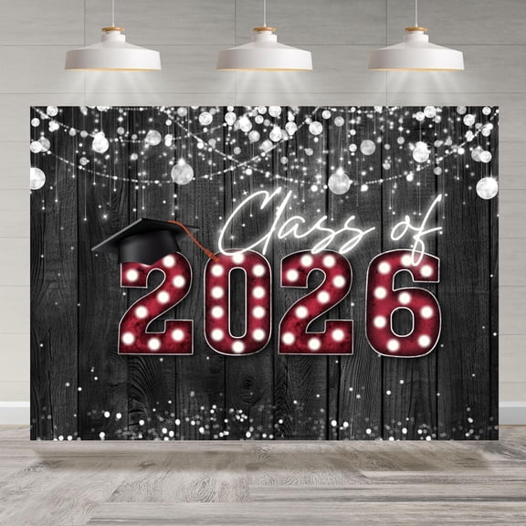 7x5FT Class of 2026 Graduation Backdrop Black Wooden Rustic Lights Congratulations Graduates Background Congrats Grad Party Decorations Banner Supplies Photo Booth Props