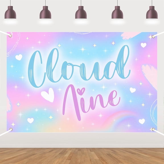 7x5FT On Cloud 9 Birthday Backdrop Cute Rainbow Cloud 9th Girl Birthday Banner Magical Pastel Starry Sky Colorful Photography Background for Girls 9th Bday Party Photo Booth Props