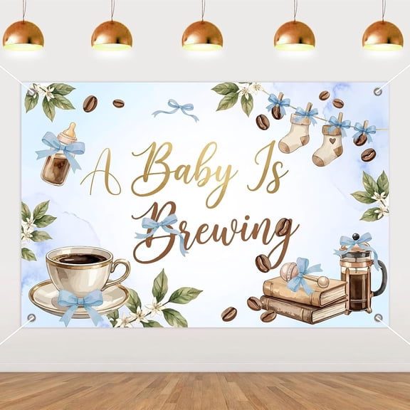 7x5FT Coffee Baby Shower Backdrop A Baby is Brewing Background Brunch Tea Coffee Beans Blue Bow Greenery Baby Shower Party Decorations Banner Supplies Photo Booth Props