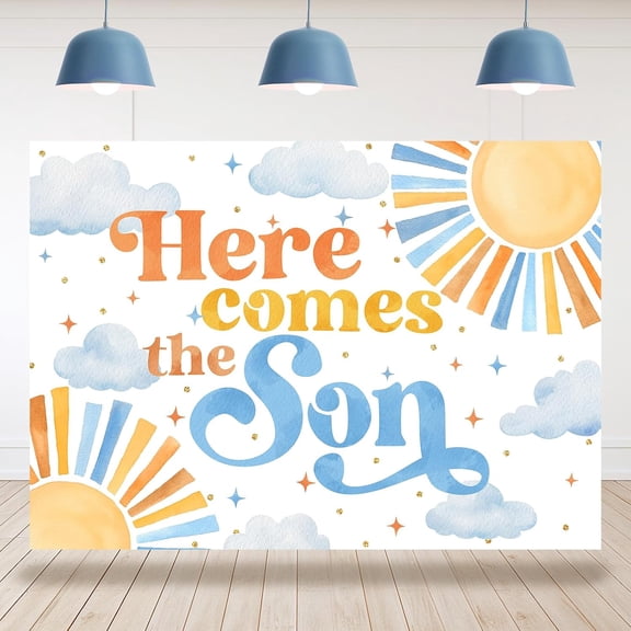 7x5FT Here Comes The Son Baby Shower Backdrop Sunshine Cloud Stars Baby Shower Background for Boys Newborn Birthday Party Decorations Cake Table Banner Photo Studio Props