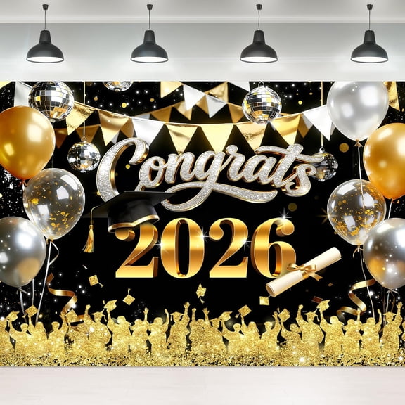 7x5FT Congrats Grad 2026 Backdrop Black and Gold Balloons Congratulations Graduate Background Disco Class of 2026 Graduation Party Decorations Banner Supplies Photo Booth Props