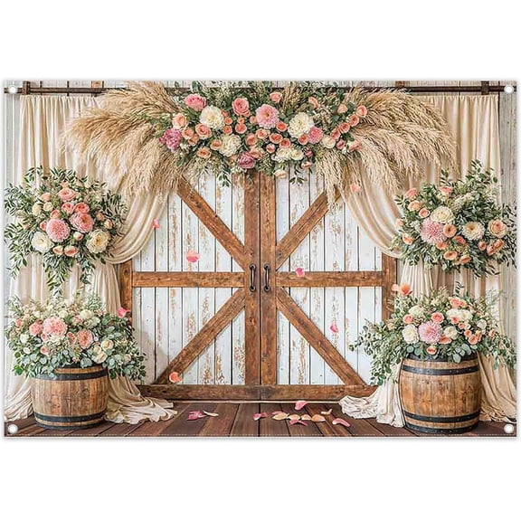 7x5FT Country Wedding Backdrop Spring Romantic Rustic Barn Door Flowers Cabin Wooden Photography Background Girls Bridal Party Decoratins Banner Photo Props