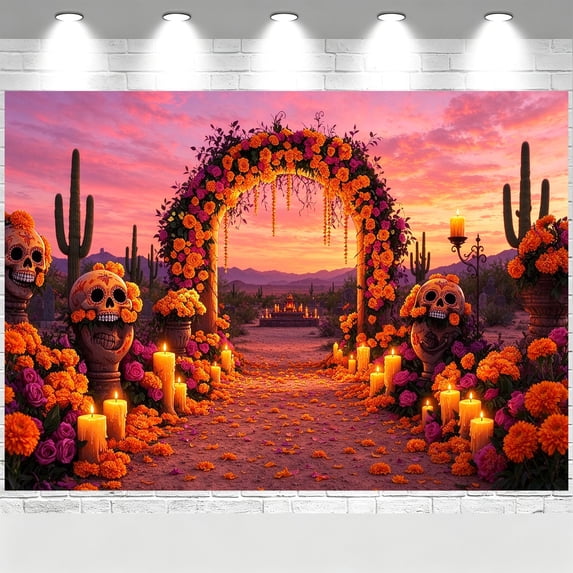 7x5FT Day Of The Dead Backdrop Sunset Marigold Sugar Skull Cactus Dia ...
