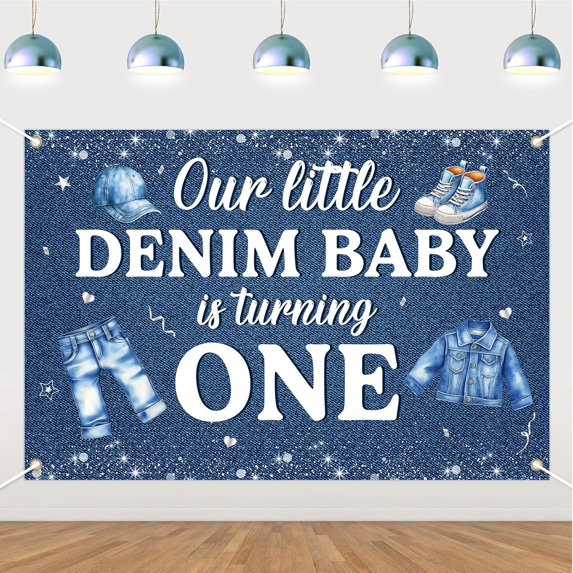 7x5FT Denim 1st Birthday Backdrop Our Little Denim Baby is Turning One Photography Background Blue Jean One Year Old Birthday Baby Shower Party Decorations Banner Supplies Photo Booth Props