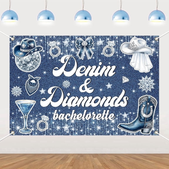 7x5FT Denim and Diamonds Bachelorette Backdrop Cowgirl Hat Boots Bridal Shower Background Blue Bow Glitter Diamond Disco Wedding Engagement Party Decorations Banner Photo Booth Props