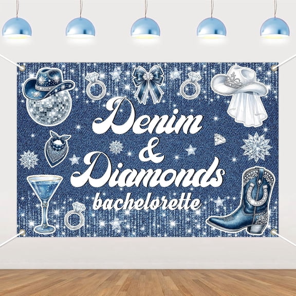 7x5FT Denim and Diamonds Bachelorette Backdrop Cowgirl Hat Boots Bridal Shower Background Blue Bow Glitter Diamond Disco Wedding Engagement Party Decorations Banner Photo Booth Props