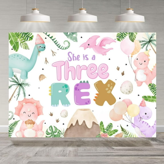 7x5FT Dinosaur 3rd Birthday Backdrop Dinosaur She's A Three Rex Green Leaves Balloon Photography Background Dino Third Birthday Party Decorations Banner Photo Booth Props