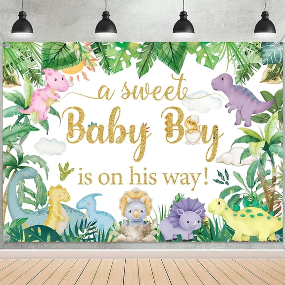 7x5FT Dinosaur Baby Shower Backdrop A Sweet Baby Boy is on His Way Photography Background for Boys Dino Theme Gender Reveal Party Decorations Banner Supplies Photo Booth Props