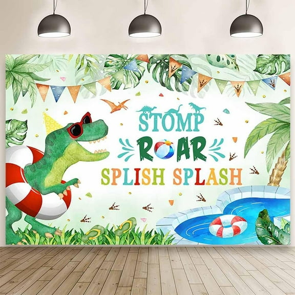 7x5FT Dinosaur Pool Party Backdrop Stomp Roar Splish Splash Party Photography Background Summer Beach Let's Party Like A Dinosaur Birthday Decor Green Palm Pool Party Banner Photo Props