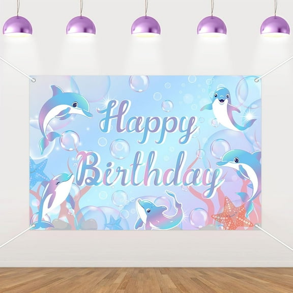 7x5FT Dolphin Theme Happy Pretty Birthday Backdrop Pink Blue Purple Under The Sea Birthday Party Decorations for Boys Girls, Dolphin Ocean Animal Themed Photography Background Supplies