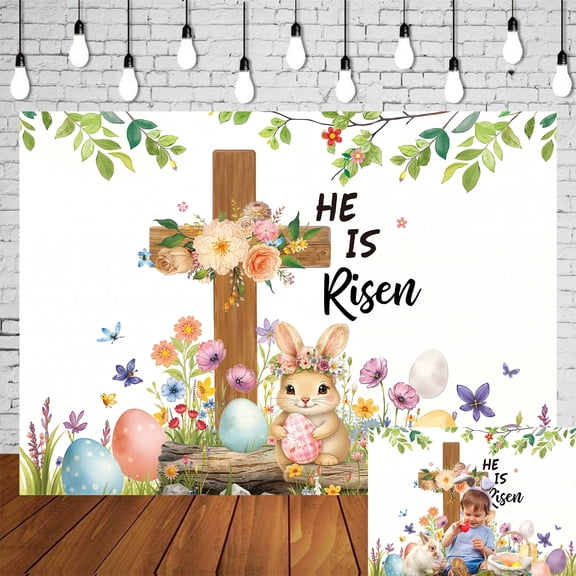 7x5FT Easter Photo Backdrop He is Risen Backdrop Cute Bunny Eggs Flower Butterfly Cross Background for Photograph Spring Easter Kids Birthday Baby Shower Party Supplies Vinyl