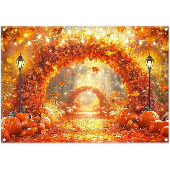 7x5FT Fall Autumn Backdrop Forest Scenery Maple Leaves Pumpkins Pathway Photography Background Thanksgiving Friendsgiving Day Party Decorations Banner Supplies Photo Booth Props