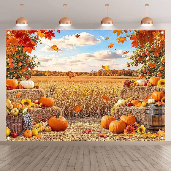 7x5FT Fall Backdrop Autumn Farm Harvest Pumpkin Maple Leaves Trees Background Sunflower Thanksgiving Party Decorations Photo Banner