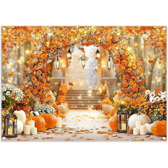7x5FT Fall Backdrop Backdrop Autumn Flowers Arch Leaves Pumpkin Path Scenery Photography Background Lanterns Thanksgiving Party Decorations Banner Supplies Photo Booth Props