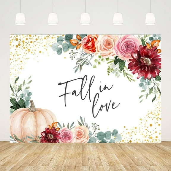 7x5FT Fall in Love Romantic Backdrop Autumn Pumpkin Flowers Photography Background Wedding Anniversary Love Engagement Bridal Shower Party Decorations Banner Photo Props