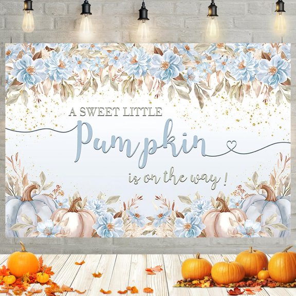 7x5FT Fall Pumpkin Baby Shower Backdrop for Boys A Little Pumpkin is On The Way Decorations Banner Autumn Blue Pumpkin Baby Shower Photography Background Party Cake Table Banner