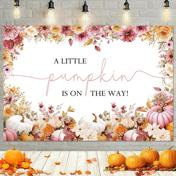 7x5FT Fall Pumpkin Baby Shower Backdrop for Girls A Little Pumpkin is On The Way Photography Background Autumn Pink Floral Thanksgiving Baby Shower Party Decoration Cake Table Banner