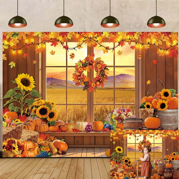 7x5FT Fall Window Backdrop Fall Backdrop Autumn Pumpkin Maple Leaf Sunflower Photography Background for Thanksgiving Party Decorations Banner Supplies Vinyl