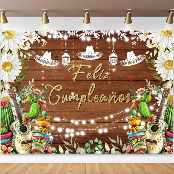 7x5FT Feliz Cumpleaos Backdrop Floral Retro Rustic Wooden Cactus Photography Background Cino De Mayo Carnival Mexico Theme Birthday Party Decorations Banner Photo Booth Props