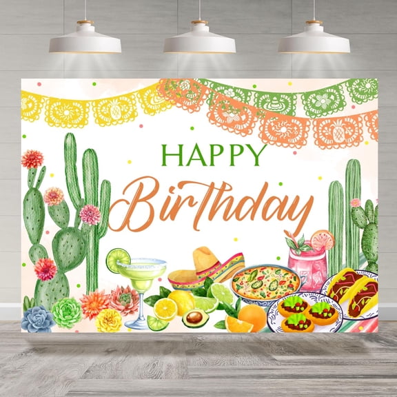7x5FT Fiesta Happy Birthday Backdrop Mexican Fiesta Cactus Taco Floral Photography Background Mexico Happy Birthday Party Decoration Supplies Cake Table Banner Photo Booth Props