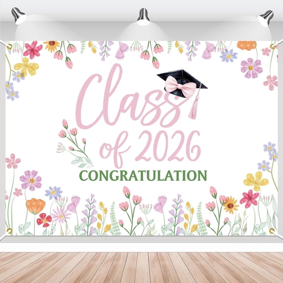 7x5FT Floral Class of 2026 Graduation Backdrop Pink Wildflower Congratulations Graduate Floral Congrats Grad Party Decorations Banner Supplies Photo Booth Props
