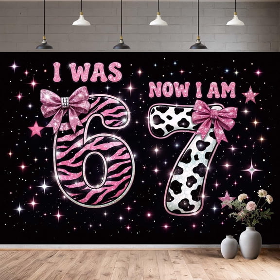 7x5FT Funny 6 7 Meme Birthday Decoration Backdrop I was 6 Now I'm 7 Seven Birthday Photography Background Pink Black Leopard Bow Coquette Kids Girls Party Banner Backdrops Photo Booth Props