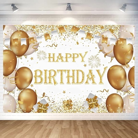 7x5FT Gold Happy Birthday Party Backdrop Decoration Gold Happy Birthday Backdrop Gold Photo Background Banner Poster for Gold Party Decorations Party Supplies