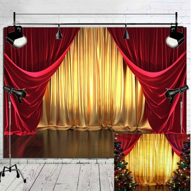 7x5FT Golden Red Curtain Party Backdrop Family Holiday Celebration Red Background with Floor Magic Show Carnival Singing Christmas Decorations Birthday Party Backdrop Photo Booth Props