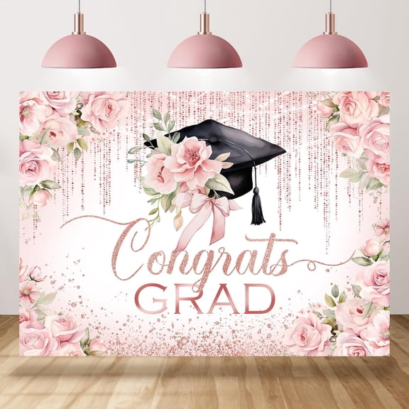 7x5FT Graduation Backdrop Pink Blush Floral Bowknot Glitter Congrats Grad Photography Background Congratulations Graduates Party Decorations Supplies Cake Table Banner Photo Booth Props