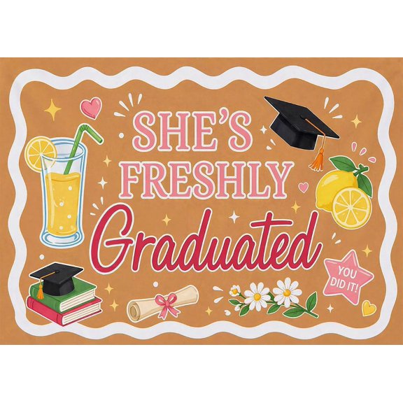 7x5FT Graduation Lemonade Bar Backdrop She's Freshly Graduated Background for Fun Congrats Grad Banner for Lemonade Bar Graduate Party Decorations Banner Supplies Photo Booth Props