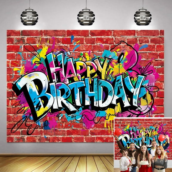 7x5FT Graffiti Happy Birthday Backdrop Neon Happy Birthday Banner Red Brick Wall Colorful Graffiti Birthday Photo Background Photo Shoot Props