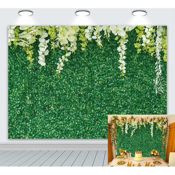 7x5FT Green Leaves Backdrop Nature Green Leaf White Flower Wall Photography Background Wedding Bridal Shower Party Supplies Studio Photo Props Wedding Decor Banner Supplies