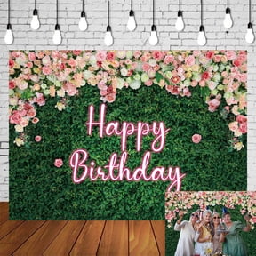 7x5FT Green Leaves Happy Birthday Backdrop Neon Pink Rose Flower Green Grass Wall Photography Background for Adults 30th 40th 50th Adult Birthday Newborn Baby Shower Party Decorations Banner Vinyl