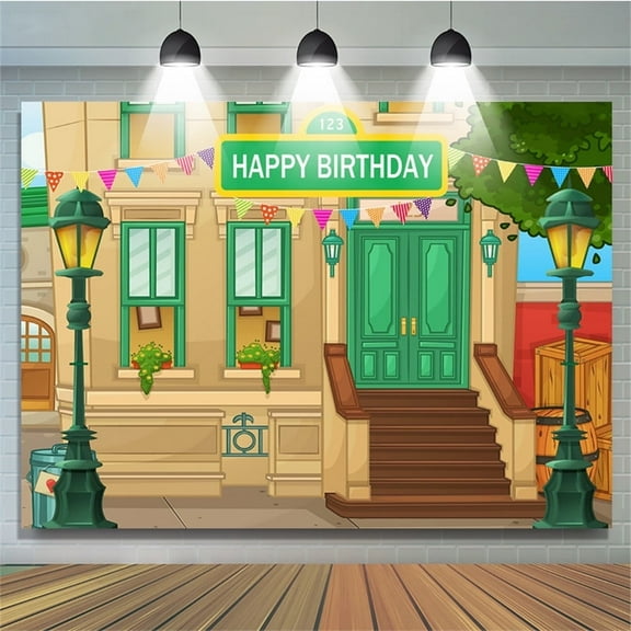 7x5ft Green Street Houses Birthday Backdrop, Cartoon Style Kids Party Decoration Banner for Indoor and Outdoor Celebrations