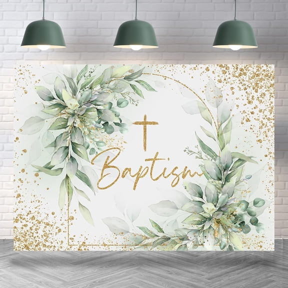 7x5FT Greenery Baptism Backdrop Green Leaves Golden Glitter God Bless Background First Holy Communion Christening Party Decorations Banner Supplies Photo Booth Props