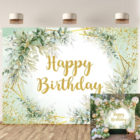 7x5FT Greenery Birthday Backdrop Sage Green Birthday Party Decorations Background for Photography Eucalyptus Leaves Banner for Women Kids Baby Shower Party Supplies