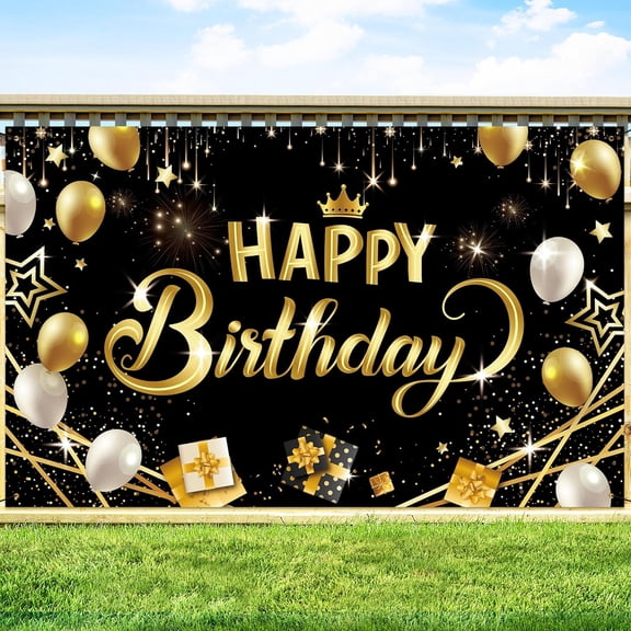 7x5FT Groovy Happy Birthday Banner Backdrop Black and Gold Happy Birthday Decorations Birthday Banner Happy Birthday Backdrop for School Classroom Bulletin Board Home Decorations