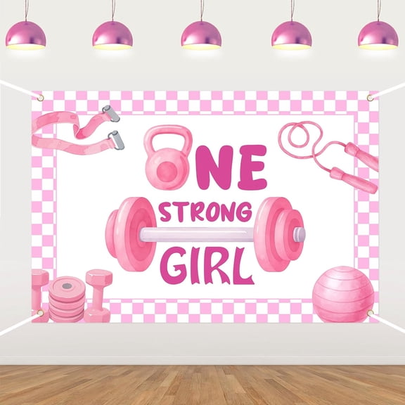 7x5FT Gym Theme Birthday Backdrop Pink Gym One Strong Girl Birthday Background Gingham One Year Old Girl Weightlifting Sports 1st Birthday Party Decorations Banner Photo Booth Props