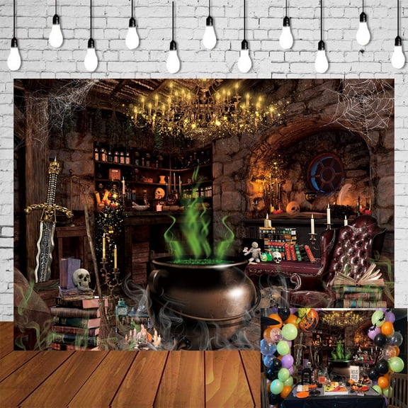 7x5FT Halloween Backdrop Magic Cauldron Potions Book Background Spooky Skulls Wicked Witch Party Photo Shoot Decor