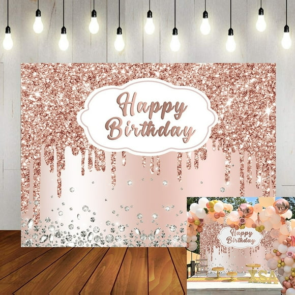 7x5FT Happy Birthday Backdrop Pink Backdrop Pink Rose Golden Birthday Party Backdrop Glitter Diamonds Birthday Background