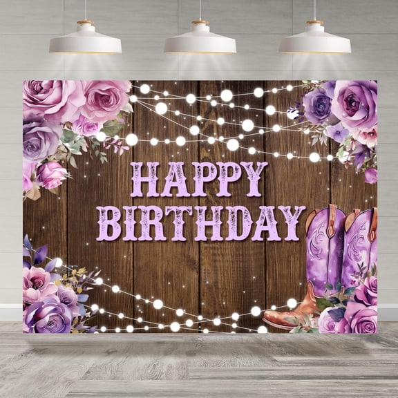 7x5FT Happy Birthday Backdrop Purple Floral Boots Wooden Floor Lights Photography Background for Women Girls Birthday Party Decorations Cake Table Banner Photo Booth Props
