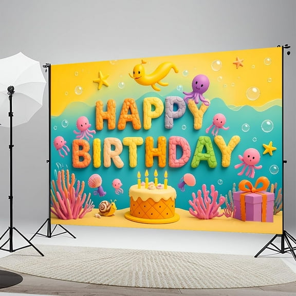 7x5FT Happy Birthday Cartoon Ocean Backdrop,Sponge Ocean Birthday Banner Party Backdrop Photo Prop for Under The Sea Cartoon Sponge Party Supplies