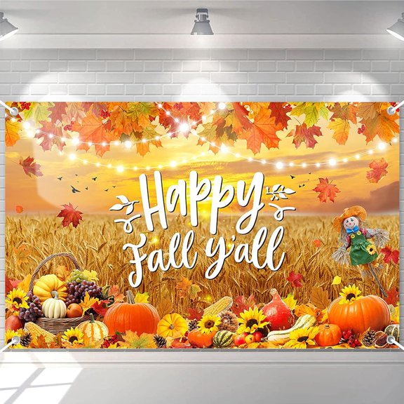 7x5FT Happy Fall Y'all Banner Backdrop Blue Fall Party Decorations & Backdrop Polyester Fabric Rope Perfect for Indoor & Outdoor Events
