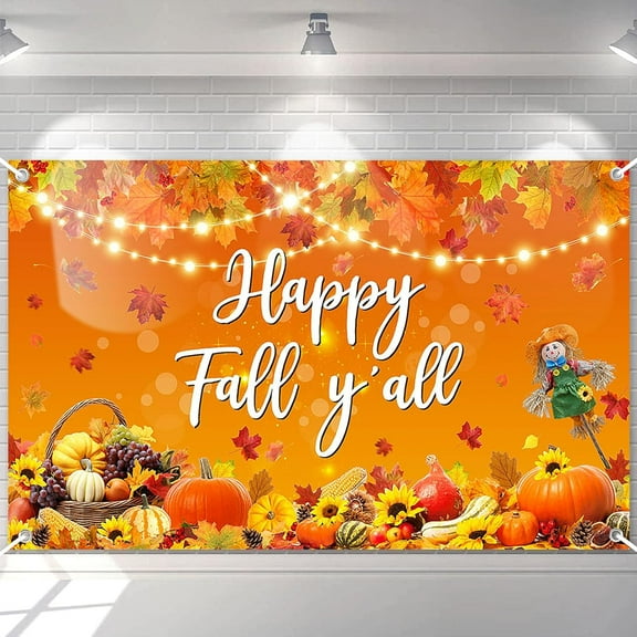 7x5FT Happy Fall Y'all Beautiful Backdrop Banner Autumn Harvest Holiday Happy Fall Party Decorations Pumpkin Maple Leaf Thanksgiving Day Party Banner for Home Outdoor Yard Decor